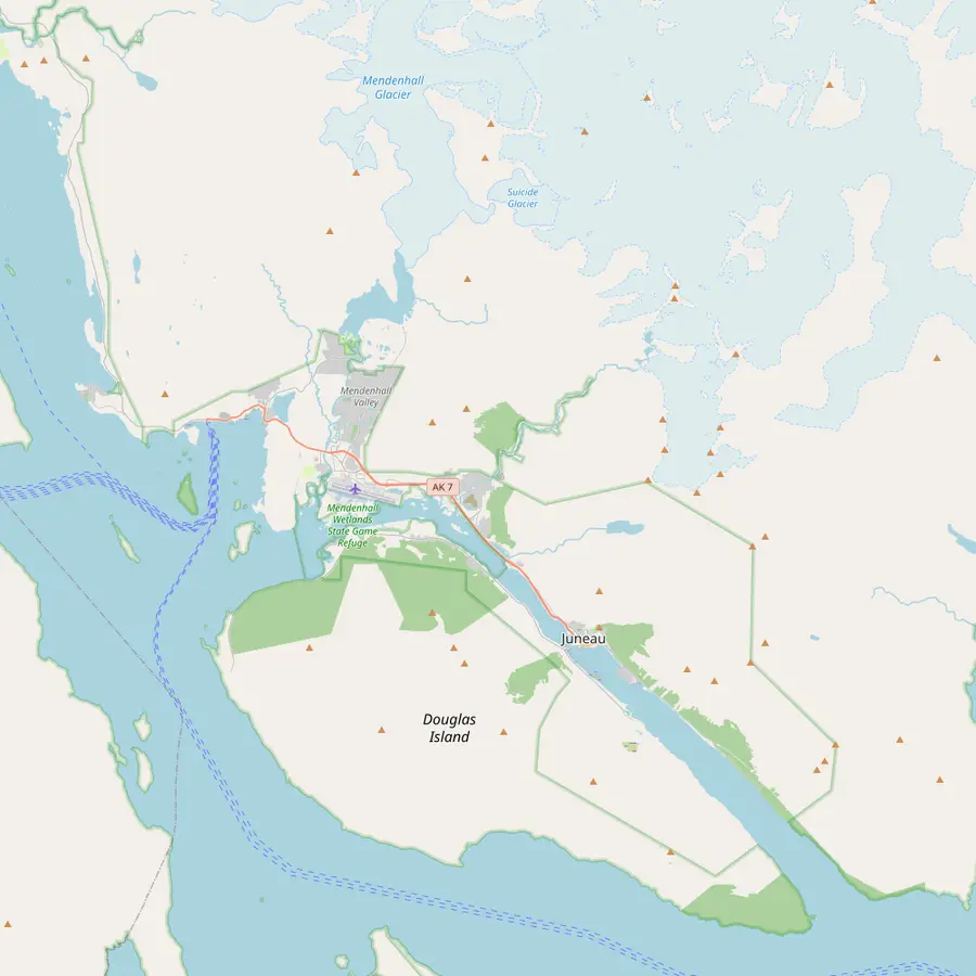 Map of Juneau from the downtown cruise docks and seaplane base to the airport and the Mendenhall Glacier Visitor Center