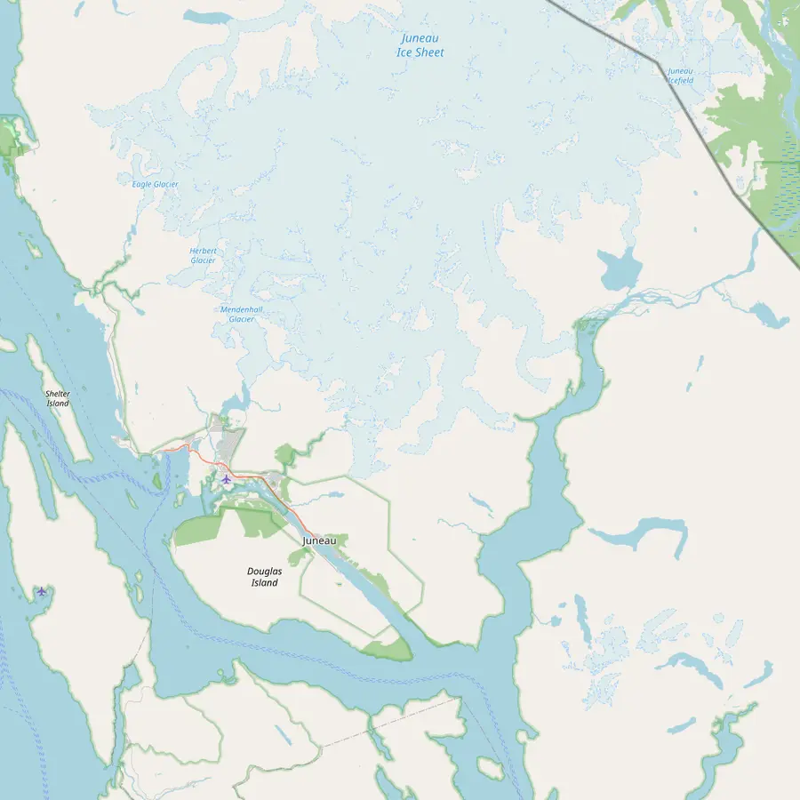 Map of the Juneau Icefield with the Mendenhall and Herbert glaciers north of the airport and Taku Glacier Lodge to the east